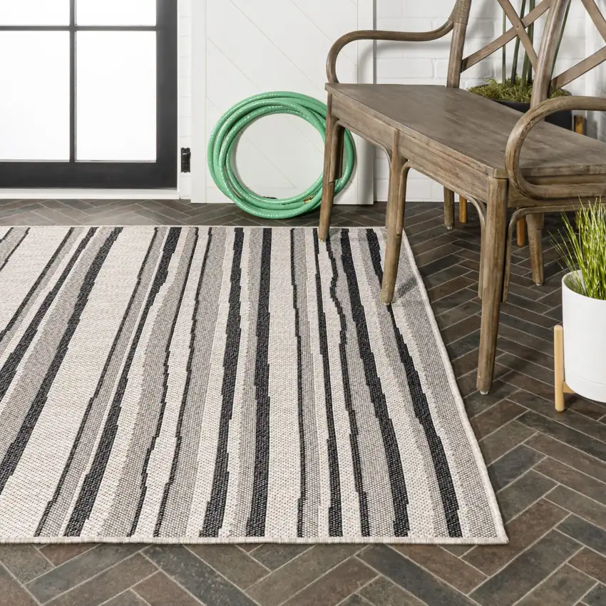 Cream And Dark Gray Striped Indoor Outdoor Area Rug Photo 8