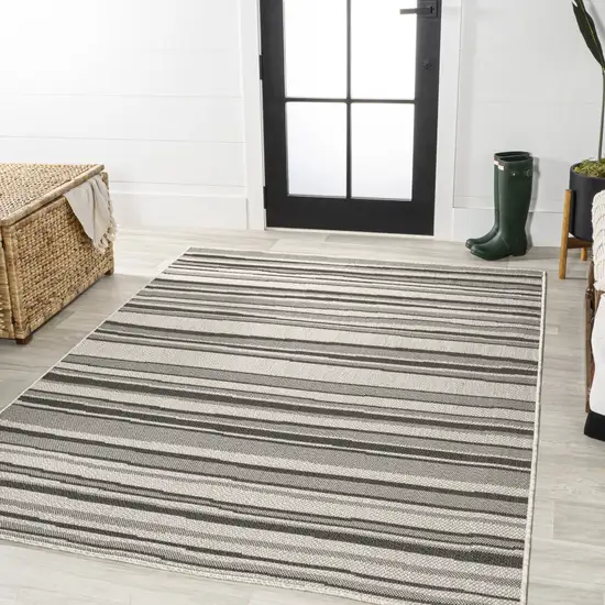 Cream And Dark Gray Striped Indoor Outdoor Area Rug Photo 3