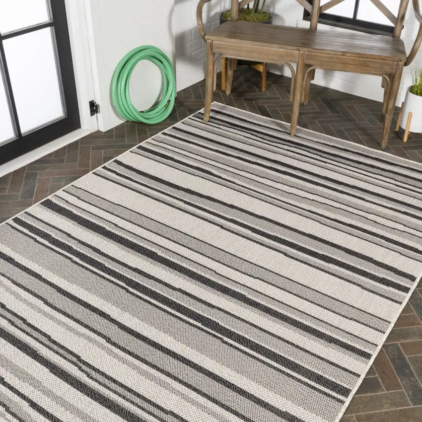 Cream And Dark Gray Striped Indoor Outdoor Area Rug Photo 9