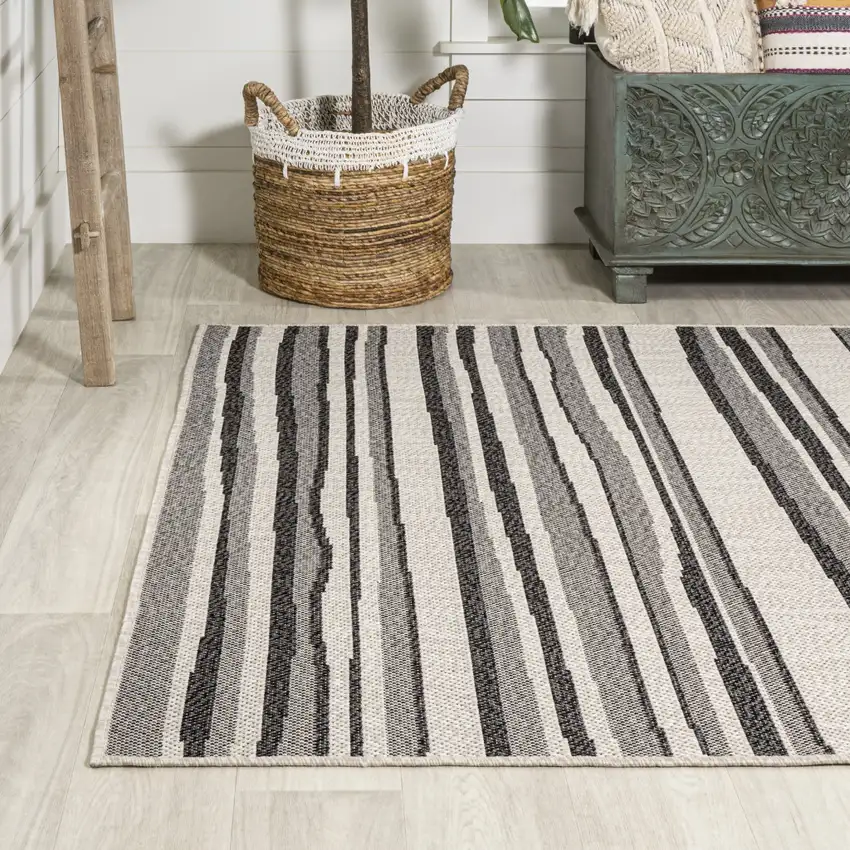 Cream And Dark Gray Striped Indoor Outdoor Area Rug Photo 4
