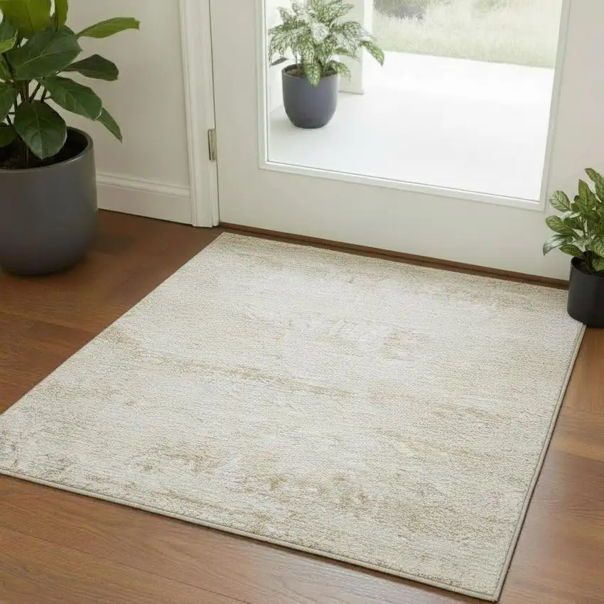 Cream And Gold Abstract Square Rug Photo 1