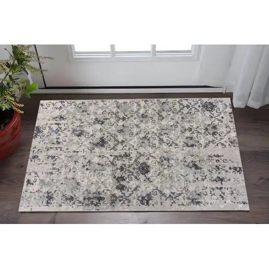 Cream And Gray Damask Stain Resistant Area Rug Photo 1