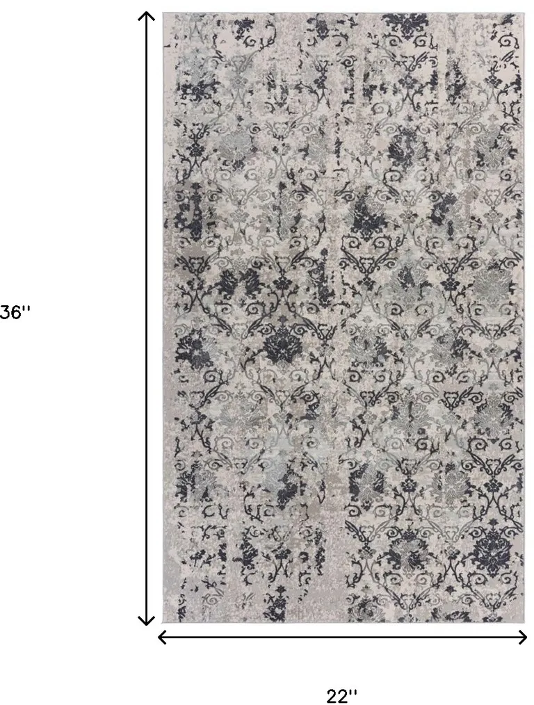 Cream And Gray Damask Stain Resistant Area Rug Photo 4