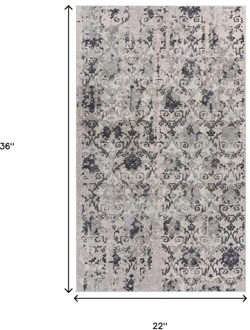 Cream And Gray Damask Stain Resistant Area Rug Photo 6