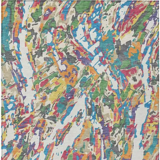 Cream And Green Abstract Washable Indoor Outdoor Area Rug Photo 3