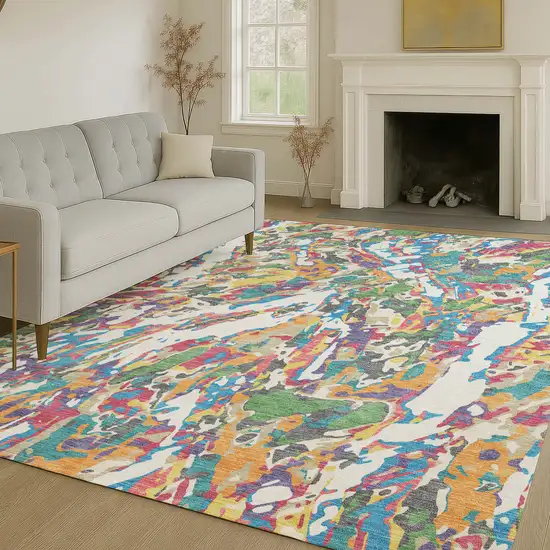 Cream And Green Abstract Washable Indoor Outdoor Area Rug Photo 6