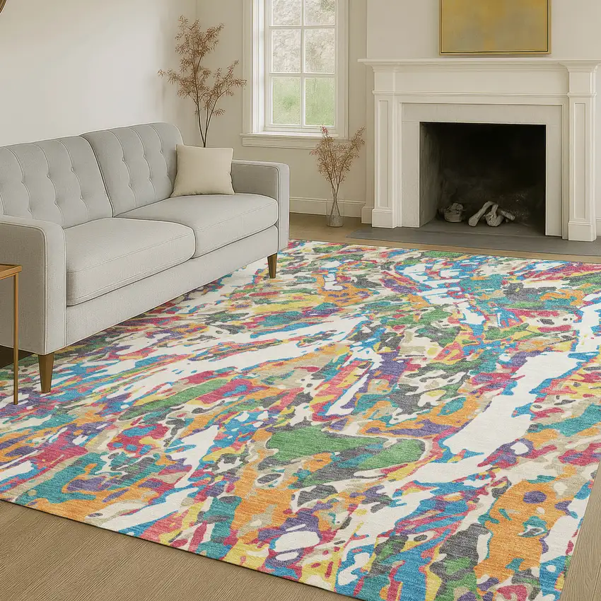 Cream And Green Abstract Washable Indoor Outdoor Area Rug Photo 6