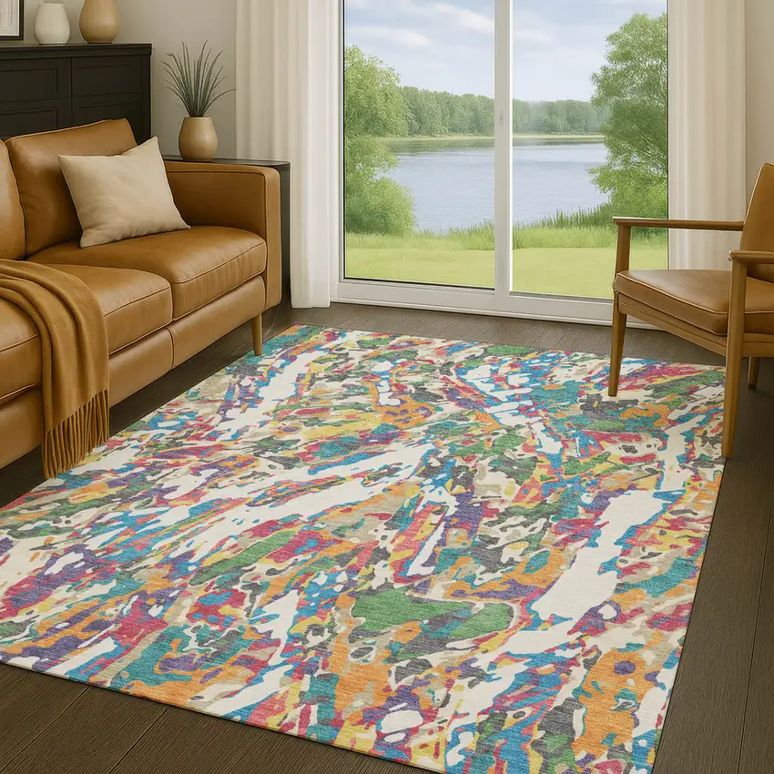 Cream And Green Abstract Washable Indoor Outdoor Area Rug Photo 5