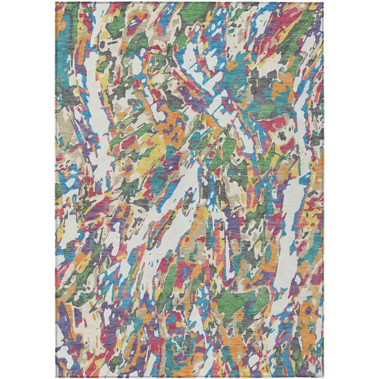 Cream And Green Abstract Washable Indoor Outdoor Area Rug Photo 1