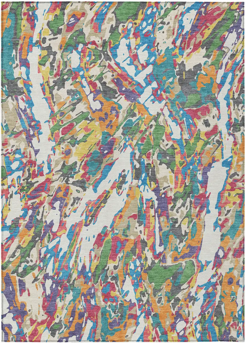 Cream And Green Abstract Washable Indoor Outdoor Area Rug Photo 1