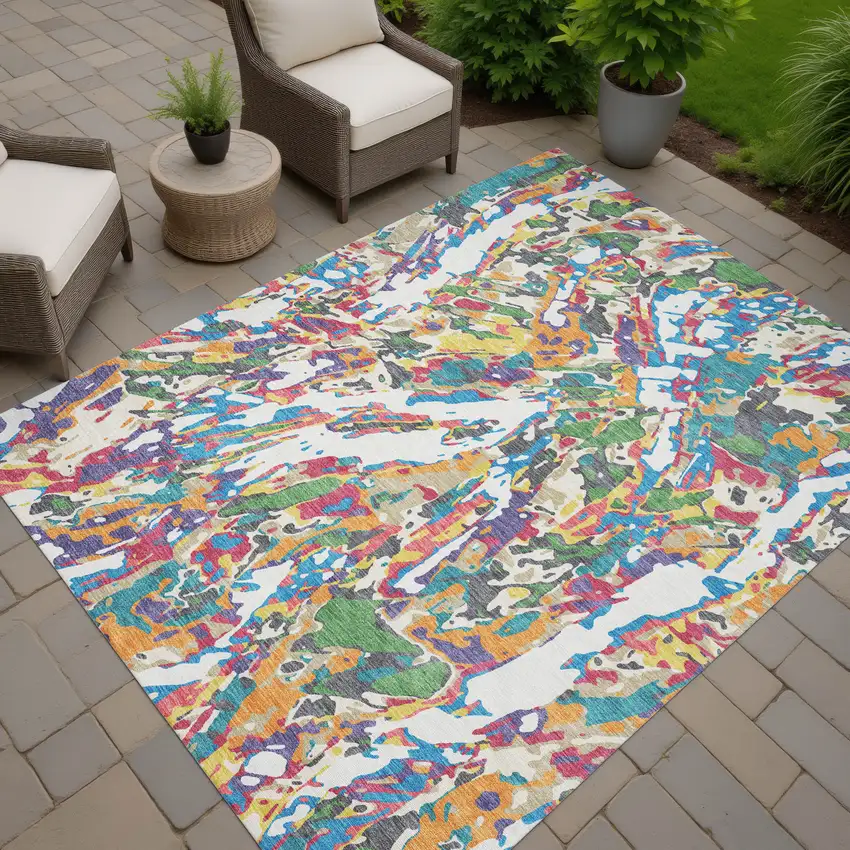 Cream And Green Abstract Washable Indoor Outdoor Area Rug Photo 7