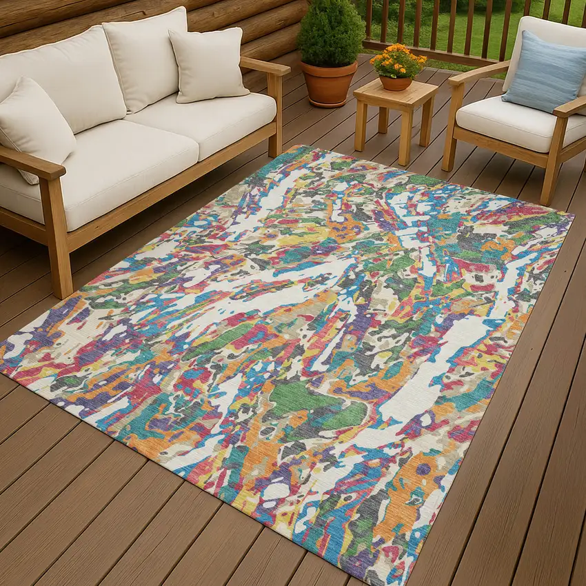 Cream And Green Abstract Washable Indoor Outdoor Area Rug Photo 4