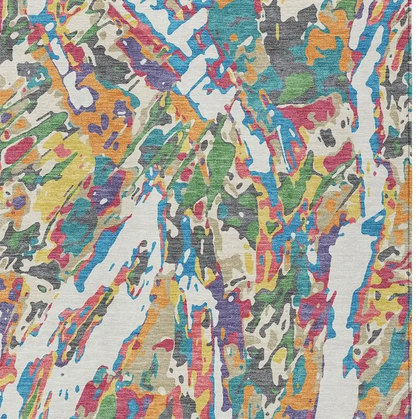 Cream And Green Abstract Washable Indoor Outdoor Area Rug Photo 2