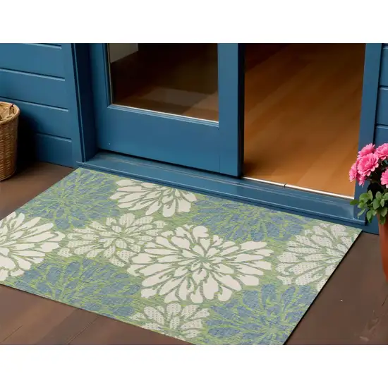 Cream And Green Floral Indoor Outdoor Area Rug Photo 1