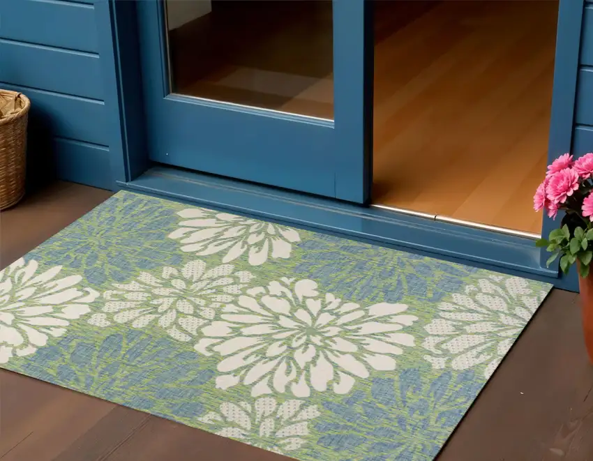 Cream And Green Floral Indoor Outdoor Area Rug Photo 1
