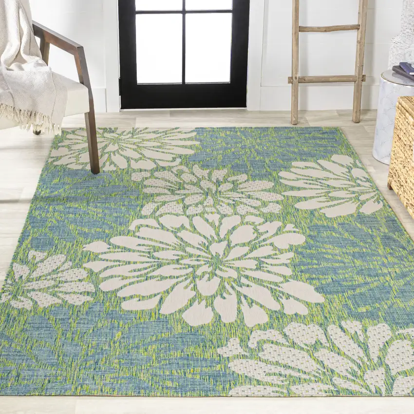 Cream And Green Floral Indoor Outdoor Area Rug Photo 6