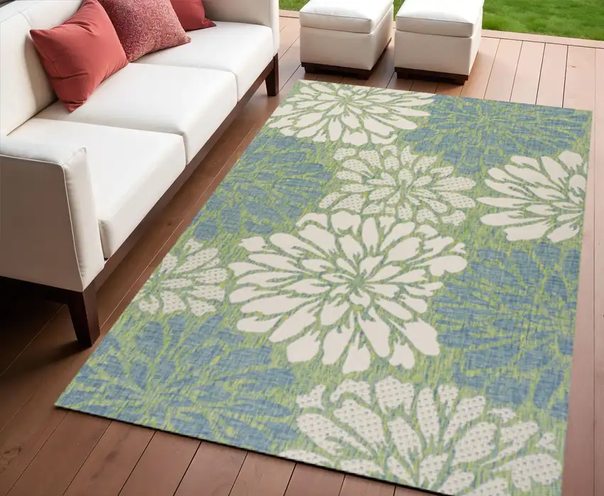 Cream And Green Floral Indoor Outdoor Area Rug Photo 1