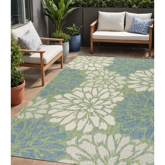Cream And Green Floral Indoor Outdoor Area Rug Photo 1