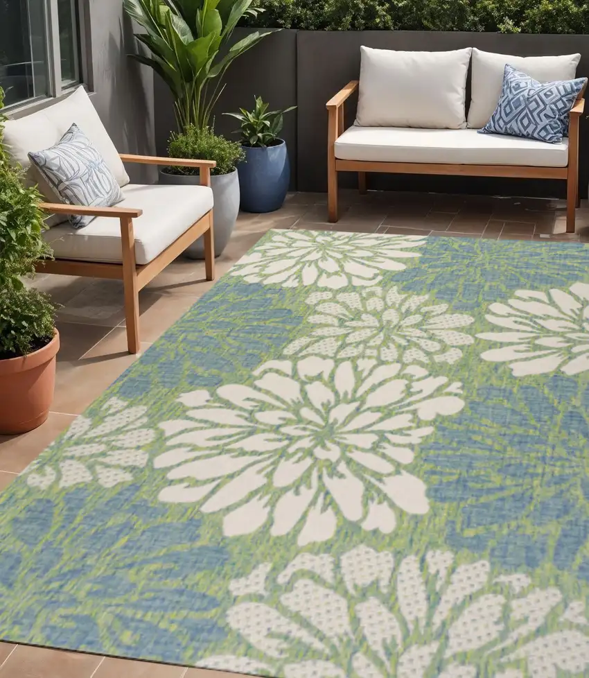 Cream And Green Floral Indoor Outdoor Area Rug Photo 1