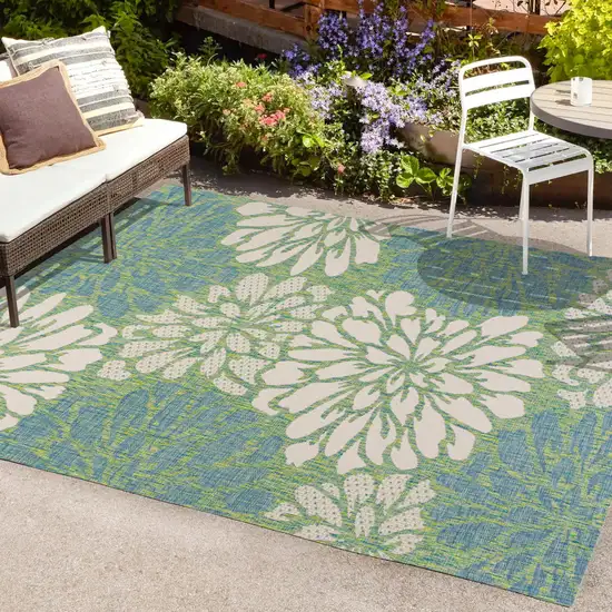 Cream And Green Floral Indoor Outdoor Area Rug Photo 9