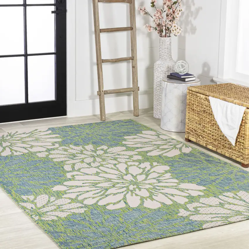 Cream And Green Floral Indoor Outdoor Area Rug Photo 8