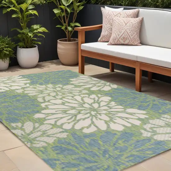 Cream And Green Floral Indoor Outdoor Area Rug Photo 1