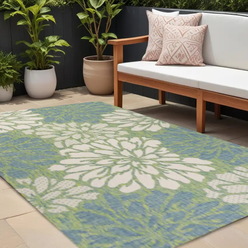 Cream And Green Floral Indoor Outdoor Area Rug Photo 1