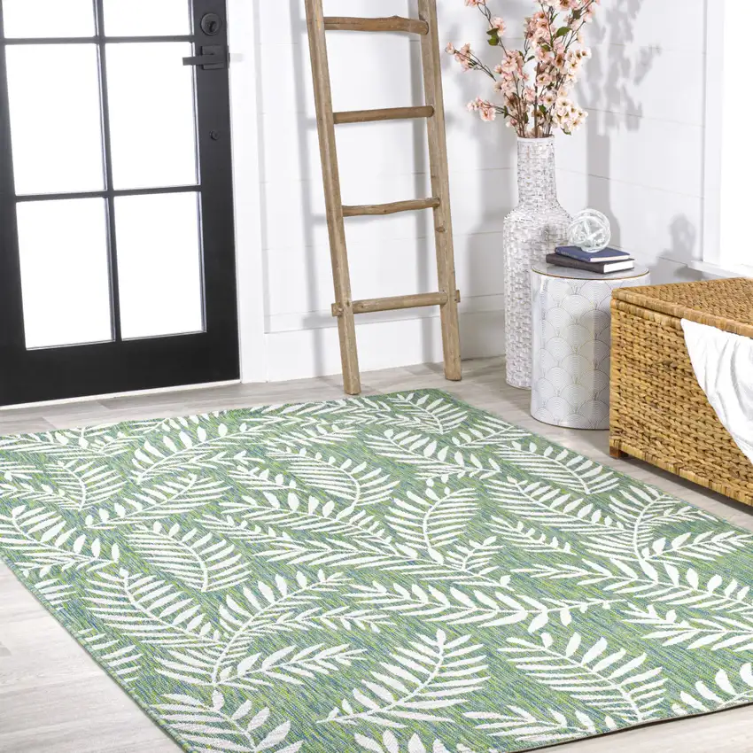 Cream And Green Floral Indoor Outdoor Area Rug Photo 8