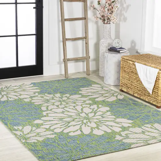 Cream And Green Floral Indoor Outdoor Area Rug Photo 8