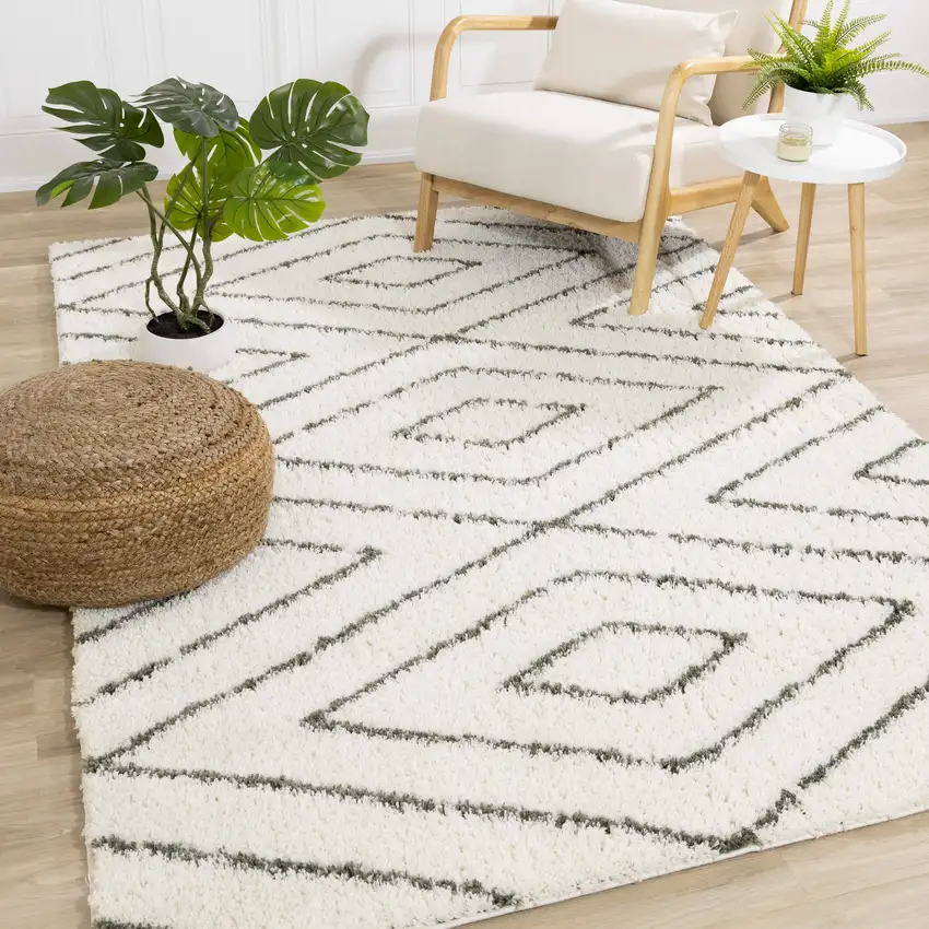 Cream And Green Geometric Area Rug Photo 4