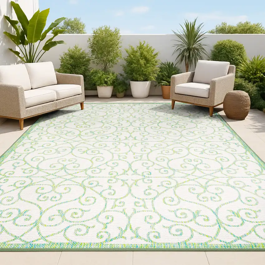 Cream And Green Geometric Indoor Outdoor Area Rug Photo 4