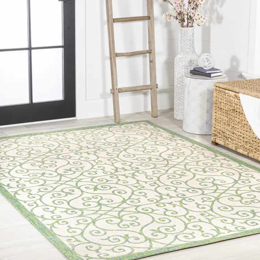 Cream And Green Geometric Indoor Outdoor Area Rug Photo 8