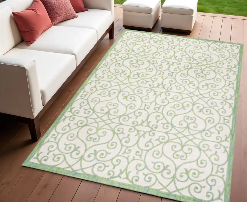 Cream And Green Geometric Indoor Outdoor Area Rug Photo 1