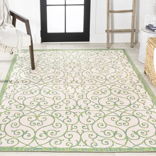Cream And Green Geometric Indoor Outdoor Area Rug Photo 8