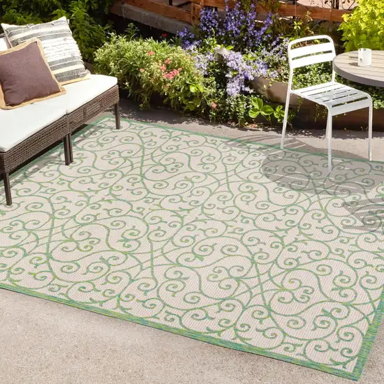 Cream And Green Geometric Indoor Outdoor Area Rug Photo 9