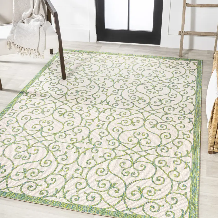 Cream And Green Geometric Indoor Outdoor Area Rug Photo 5