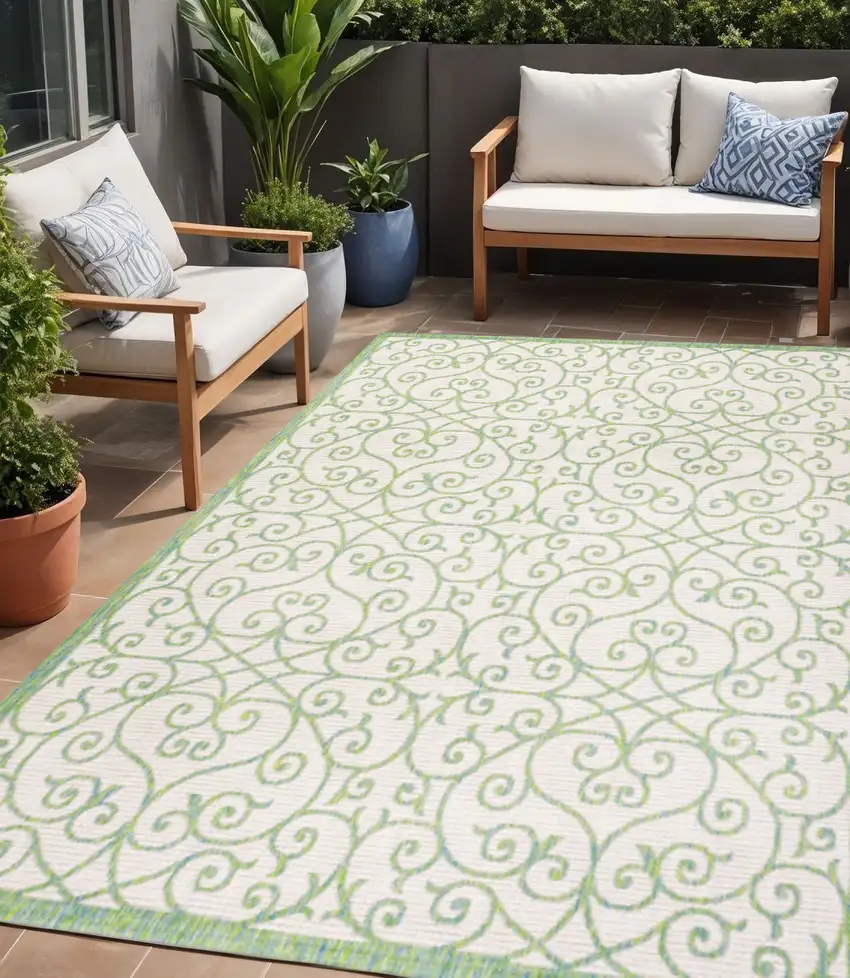 Cream And Green Geometric Indoor Outdoor Area Rug Photo 1