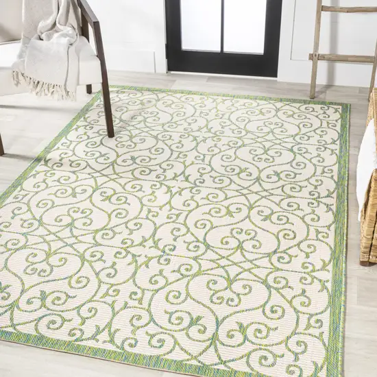 Cream And Green Geometric Indoor Outdoor Area Rug Photo 5