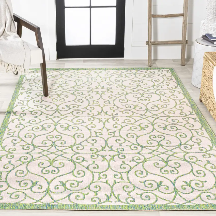 Cream And Green Geometric Indoor Outdoor Area Rug Photo 7