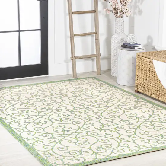 Cream And Green Geometric Indoor Outdoor Area Rug Photo 8