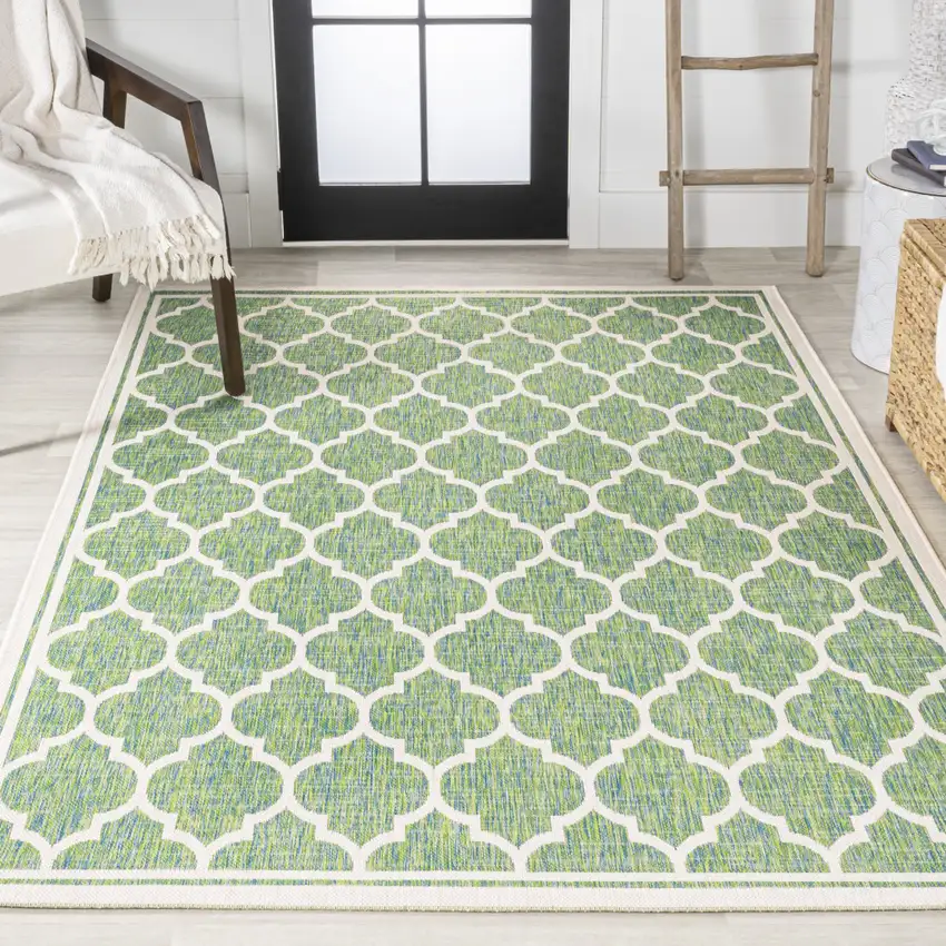 Cream And Green Geometric Indoor Outdoor Area Rug Photo 7