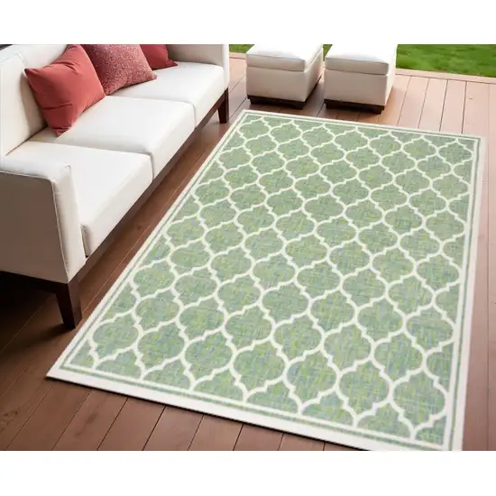 Cream And Green Geometric Indoor Outdoor Area Rug Photo 1