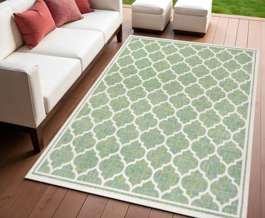 Cream And Green Geometric Indoor Outdoor Area Rug Photo 1