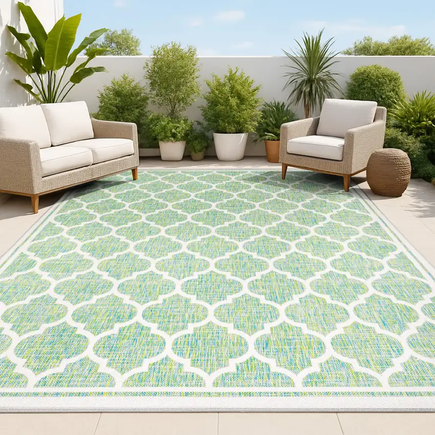 Cream And Green Geometric Indoor Outdoor Area Rug Photo 4