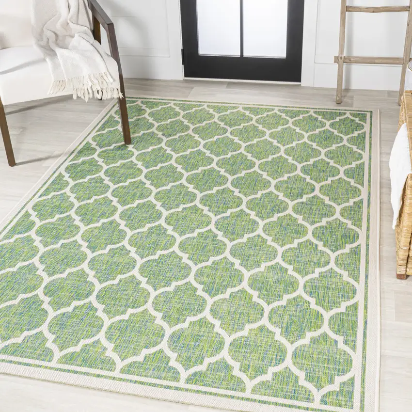 Cream And Green Geometric Indoor Outdoor Area Rug Photo 5