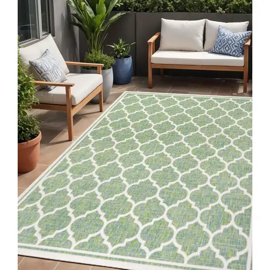 Cream And Green Geometric Indoor Outdoor Area Rug Photo 1