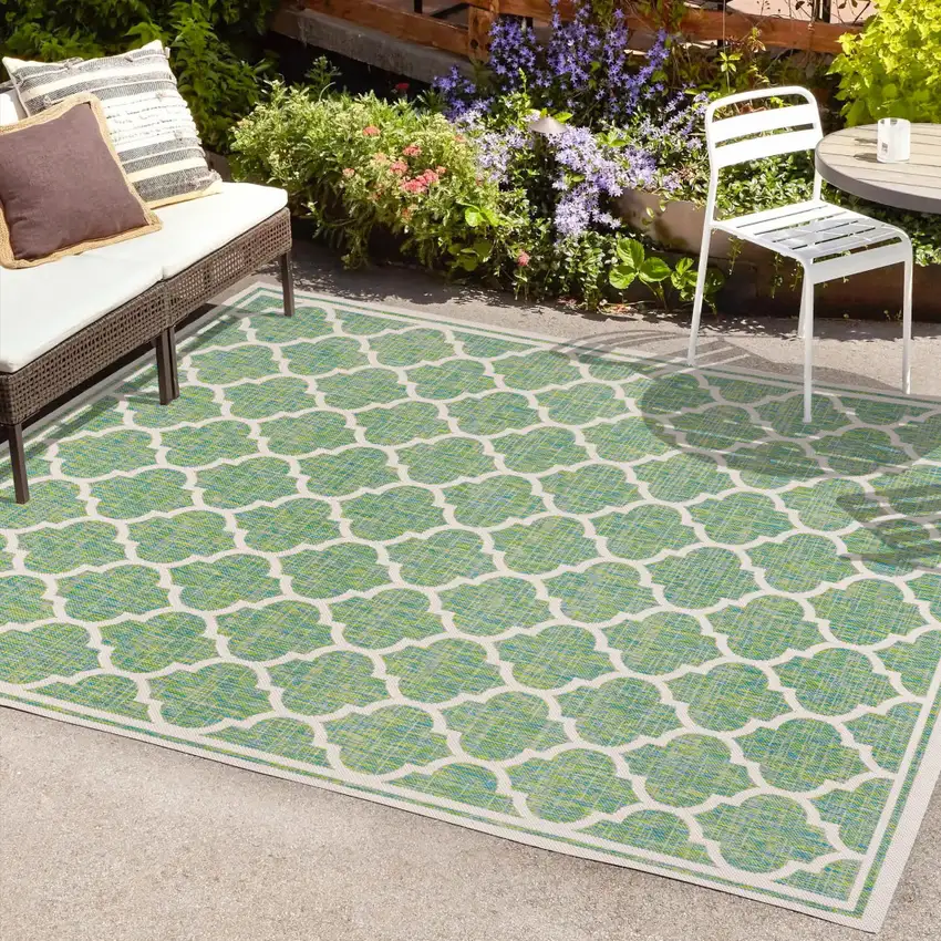 Cream And Green Geometric Indoor Outdoor Area Rug Photo 8