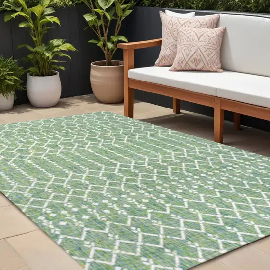 Cream And Green Geometric Indoor Outdoor Area Rug Photo 1