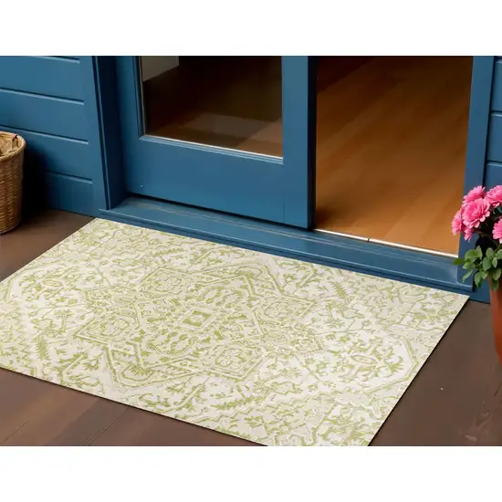 Cream And Green Medallion Indoor Outdoor Area Rug Photo 1