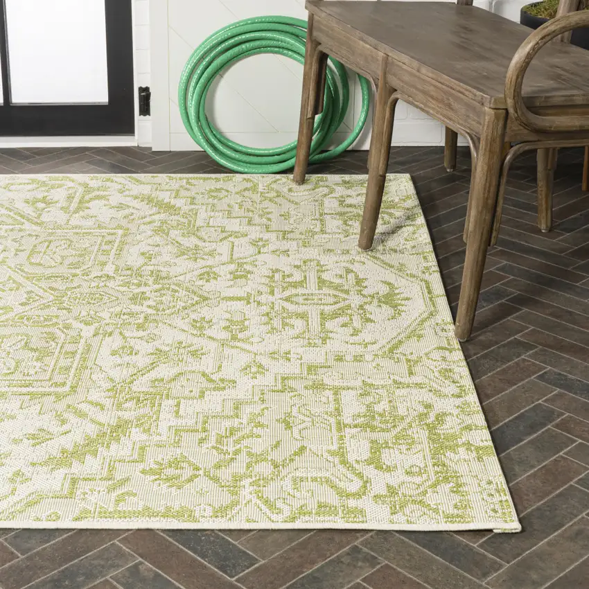 Cream And Green Medallion Indoor Outdoor Area Rug Photo 9